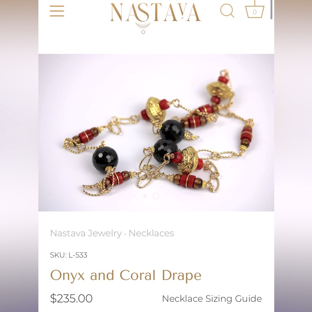 $235 New Nastava Statement Necklace Genuine Onyx  Red Coral Drape Gold Chain 34”